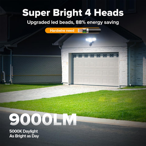 Side view of LUTEC four-head outdoor flood light showing adjustable beams