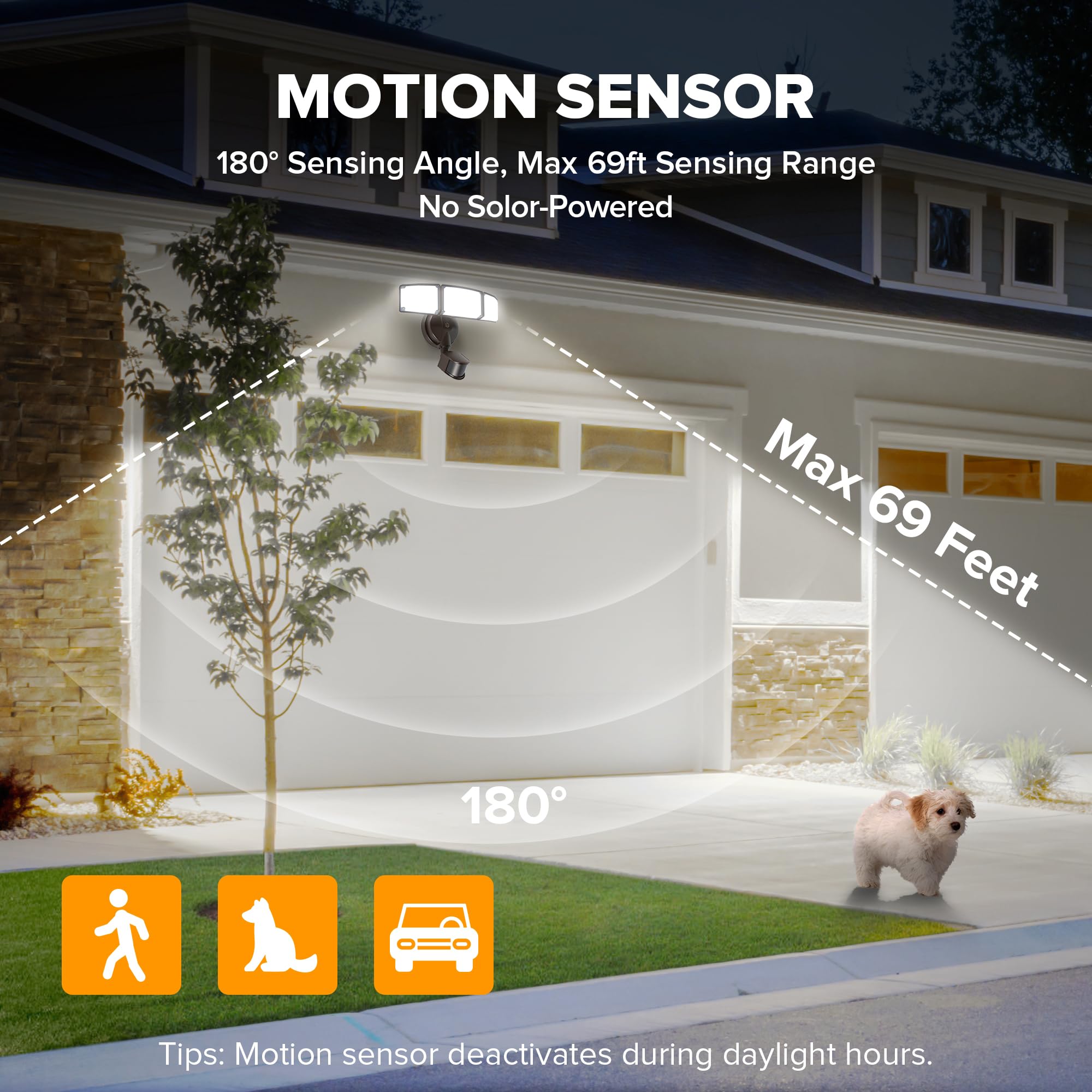 LUTEC 72W LED security light motion sensor demonstrates long range detection.
