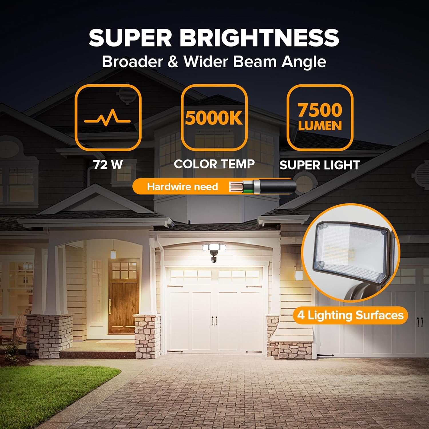 LUTEC 72W LED security light side angle highlights garage entry visibility.