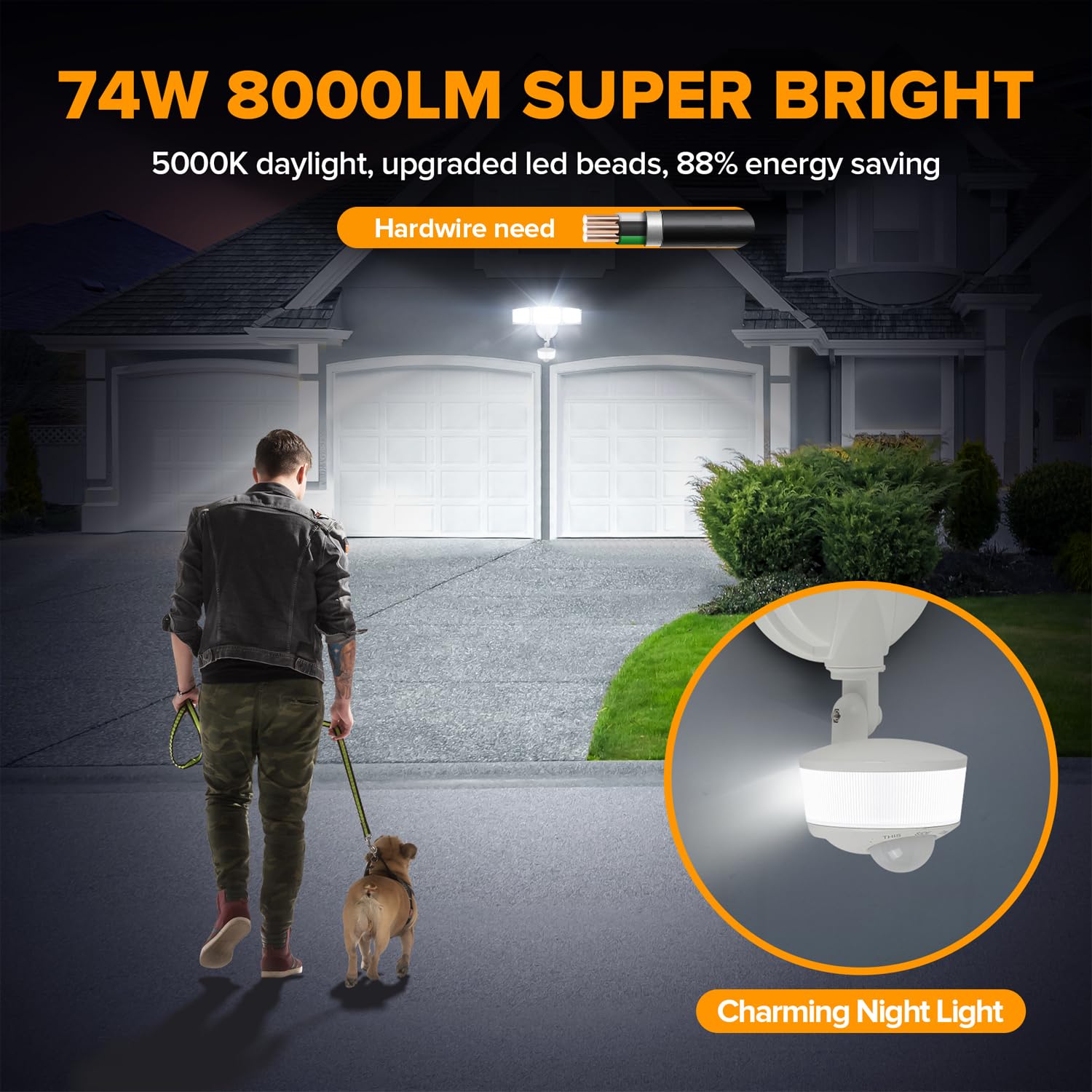 LUTEC 74W outdoor light side view showing long 59-foot motion range for driveways.