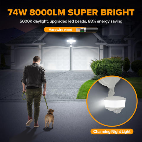 LUTEC 74W outdoor light side view showing long 59-foot motion range for driveways.