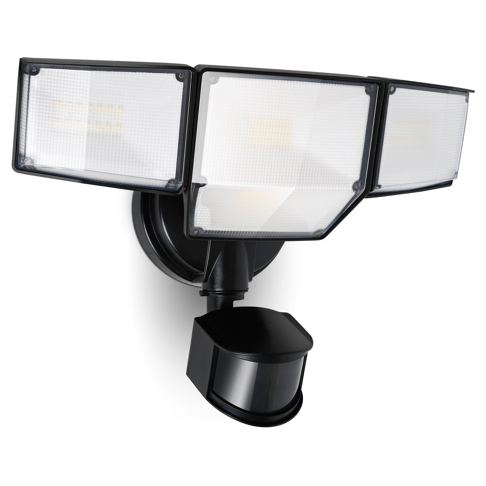 LUTEC 80W four-head LED security light viewed front for wide coverage at night