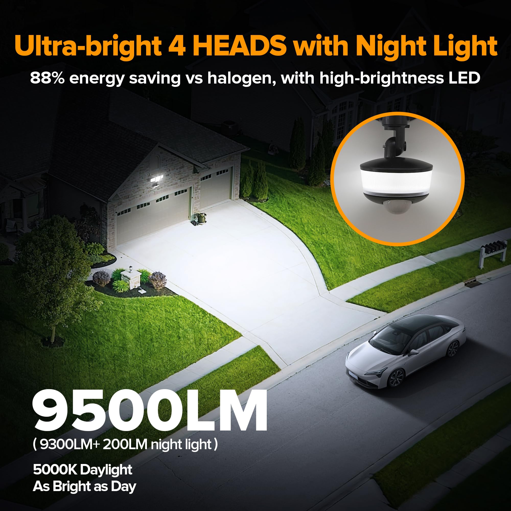 LUTEC 84W LED security light side view showing multi-directional flood heads.