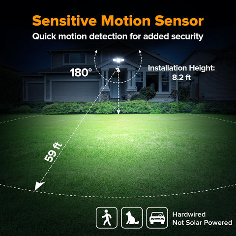 LUTEC four-head flood light in motion detection mode activates on movement.