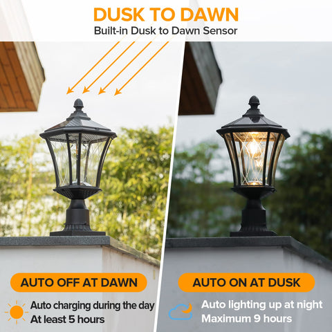 Lutec dusk-to-dawn solar post light head provides automatic nightly illumination.