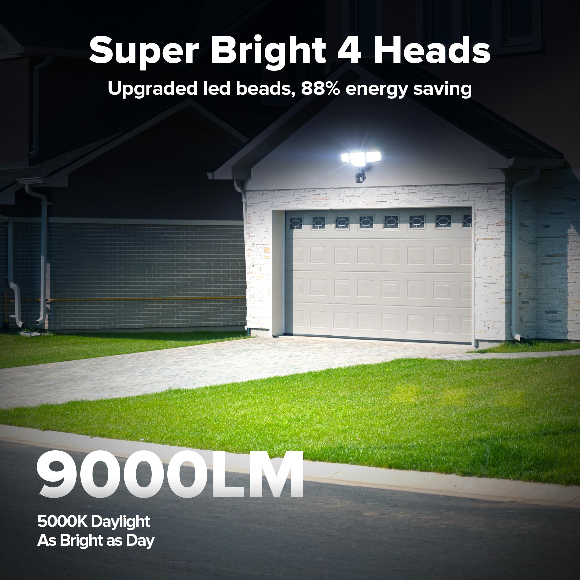 LUTEC four-head flood lights outdoors installed around the property for even lighting