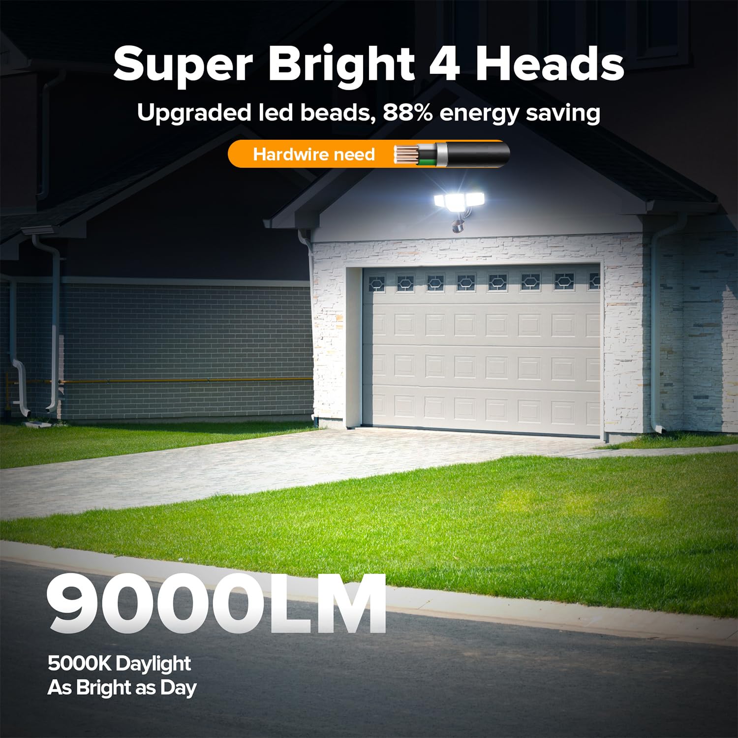 LUTEC four-head flood light showing wide-angle beams for yard illumination.