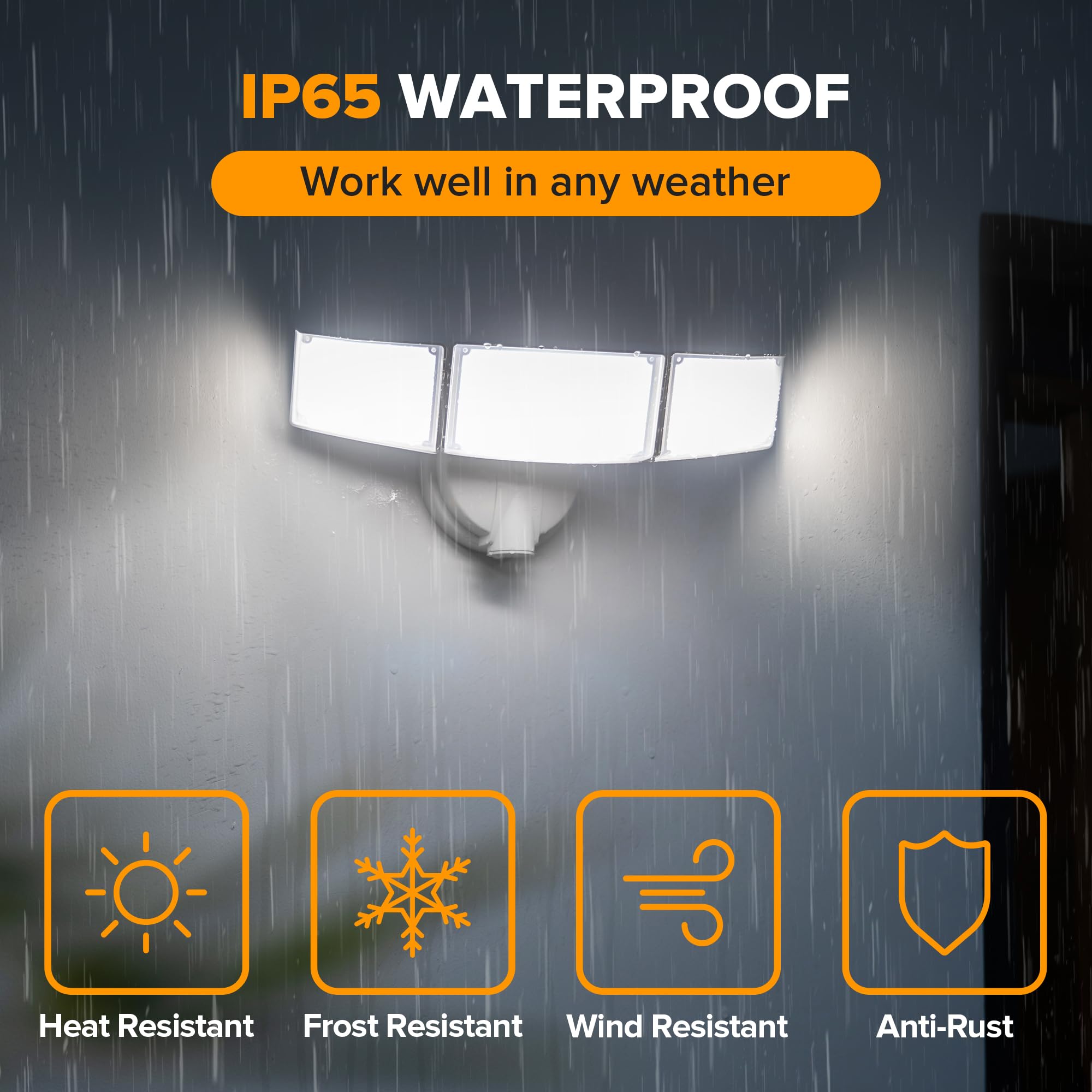 LUTEC flood light lighting garage, driveway, and patio areas.