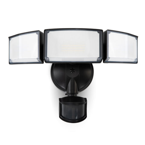 LUTEC three-head LED security light mounted on porch for wide coverage
