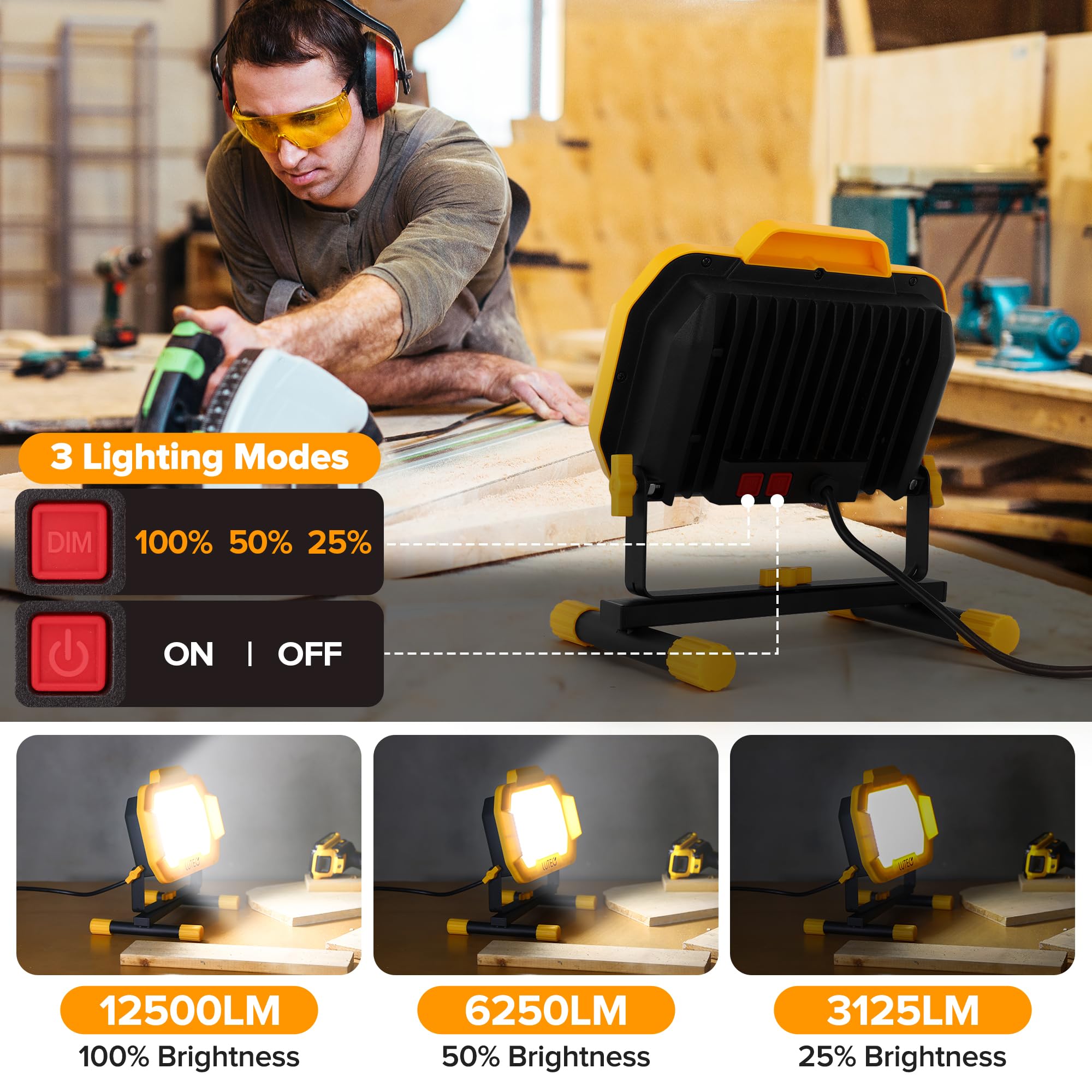 LUTEC LED work light with dimmable controls for adaptable brightness.