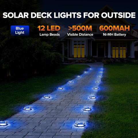 LUTEC blue deck light mounted on deck railing for night visibility