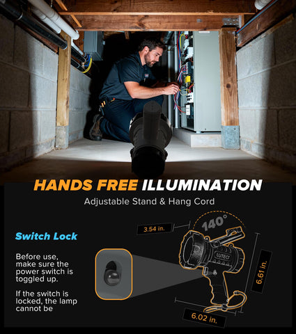 LUTEC foldable stand enables hands-free lighting.