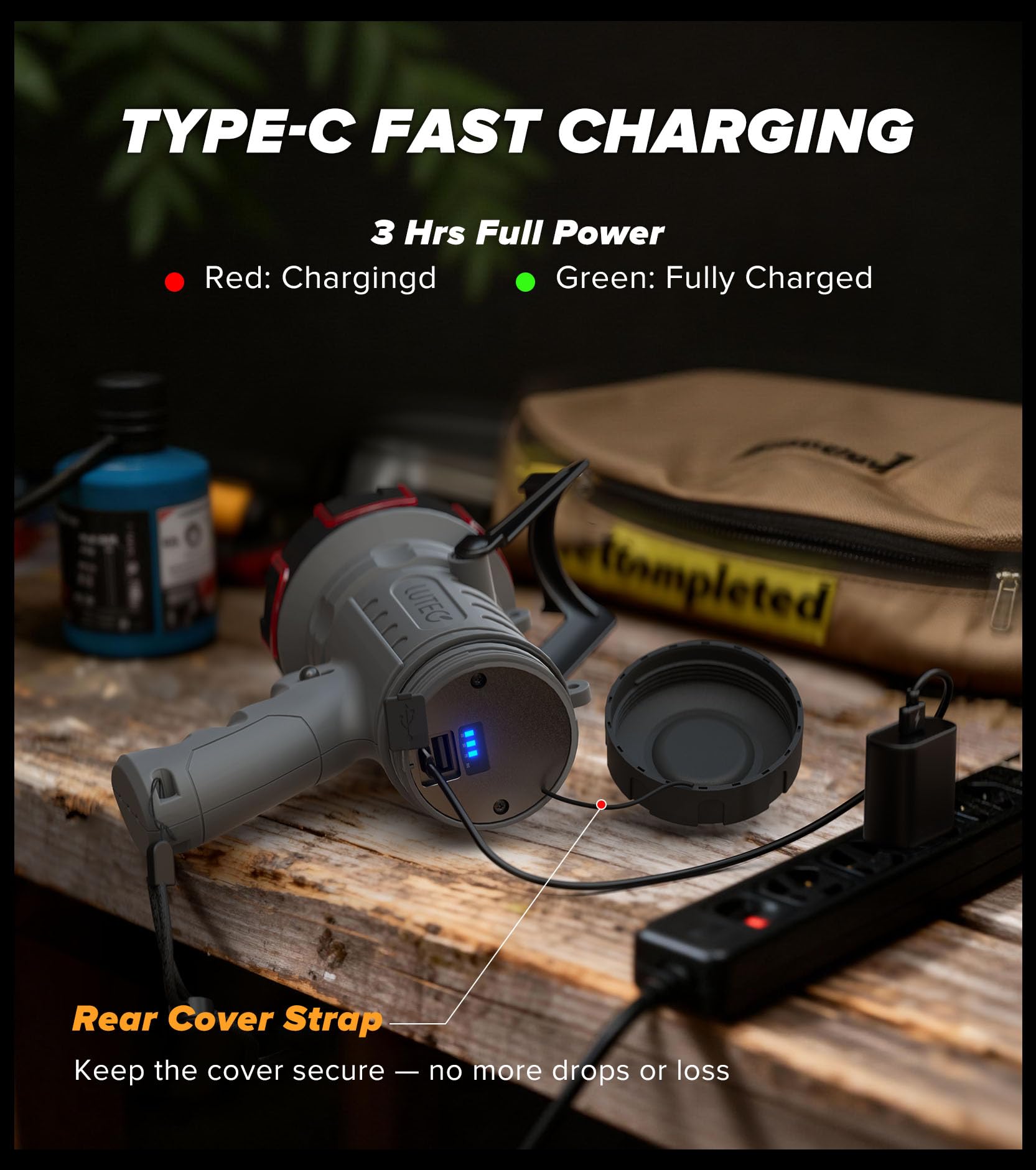 LUTEC power bank feature allows charging devices during emergencies.
