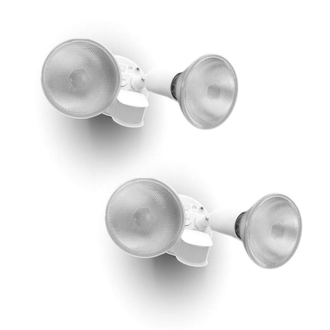 LUTEC two-pack 300W halogen floodlights mounted on exterior wall for security