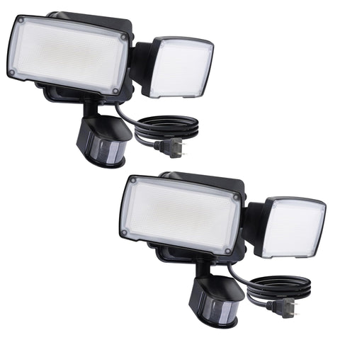 LUTEC two-pack outdoor plug-in motion sensor lights, front view for enhanced entry lighting.