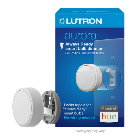 Lutron Aurora smart dimmer wall-mounted for Hue bulbs showing ready-to-control lighting