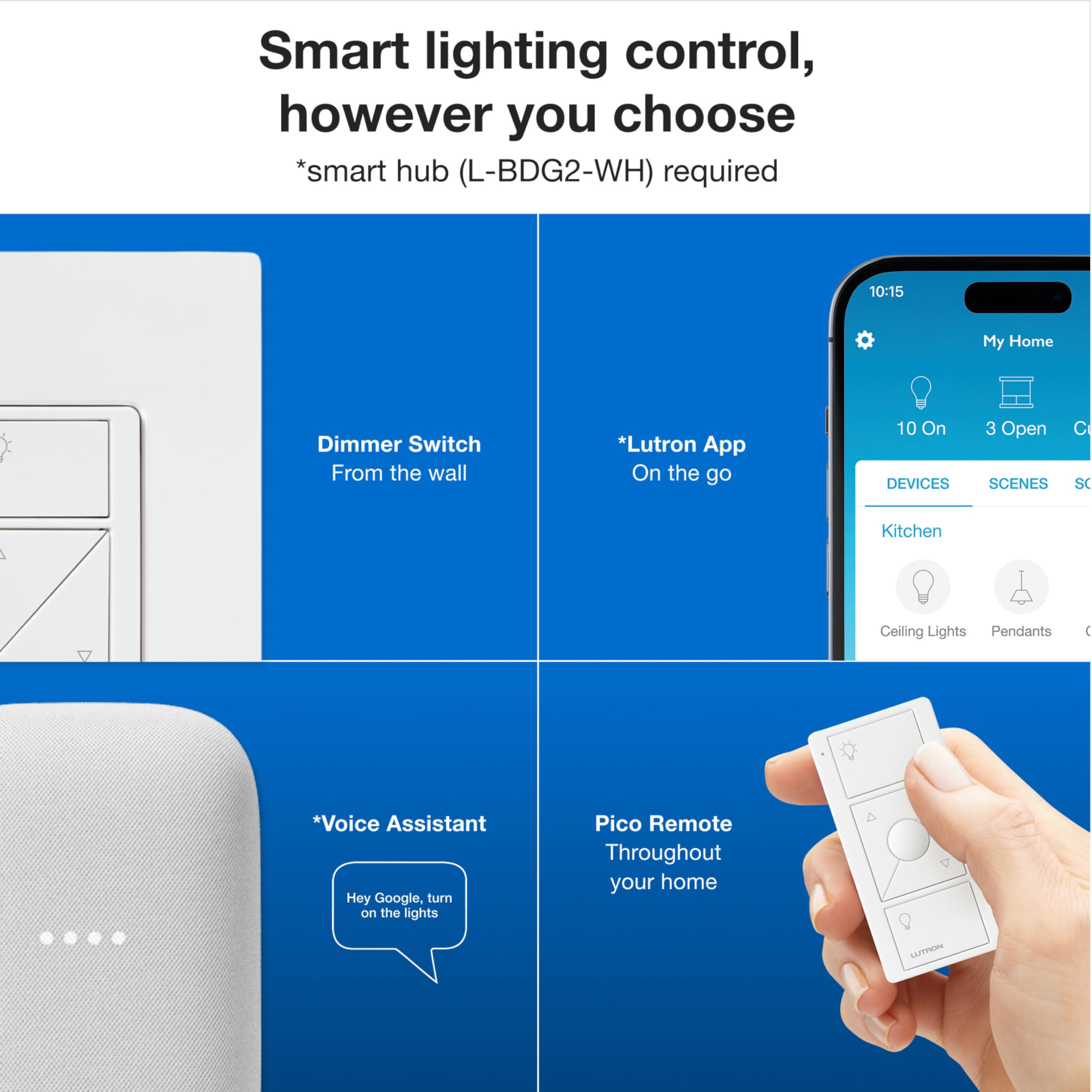 Lutron Caseta 3-way dimmer for multi-location control without extra wiring.
