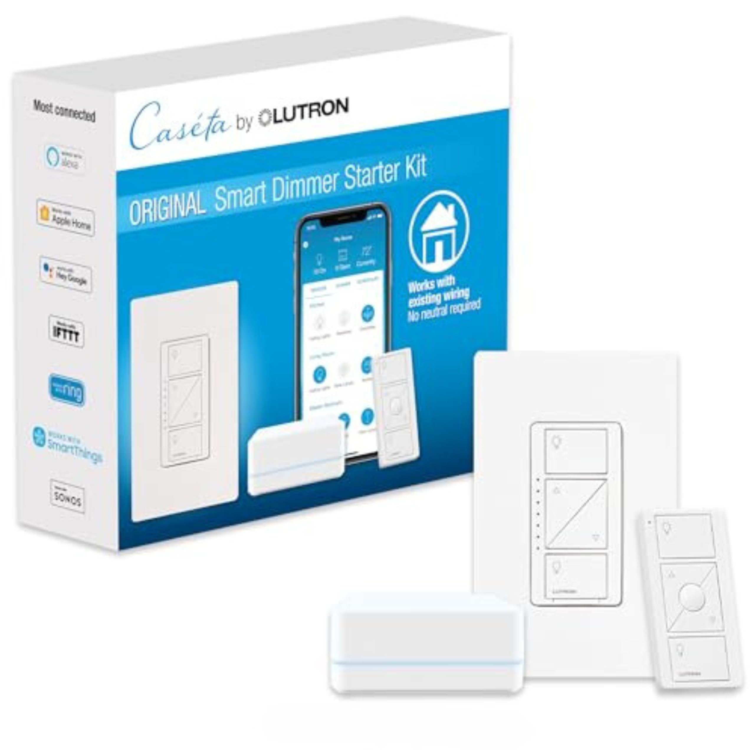 Lutron Caseta dimmer wallplate for quick room lighting control.