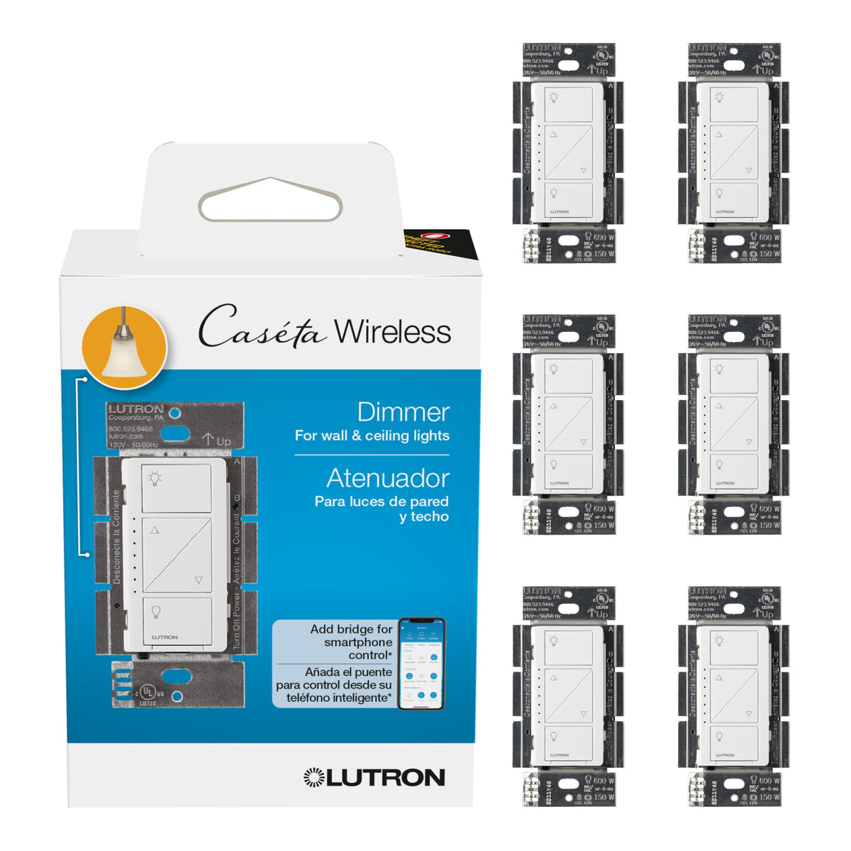 Lutron Caseta original smart dimmer switch mounted on wall for versatile lighting control in living spaces.
