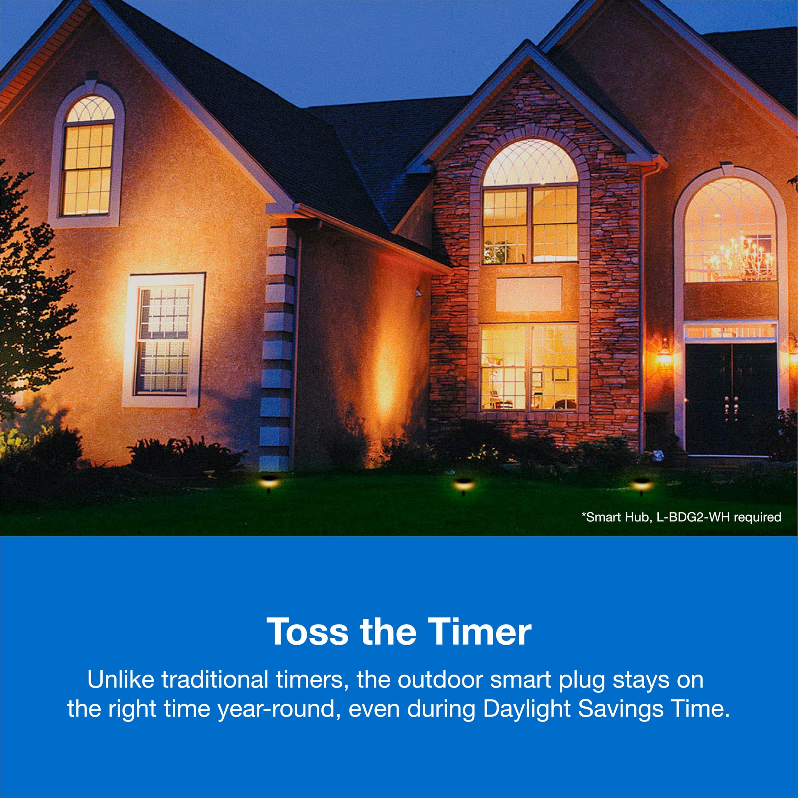 Lutron Caseta Outdoor Plug powering landscape lighting setup at dusk