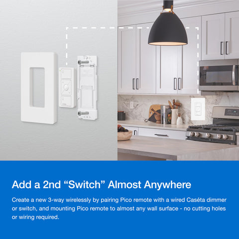 Lutron Caseta Pico remote providing wireless control up to 30 feet.
