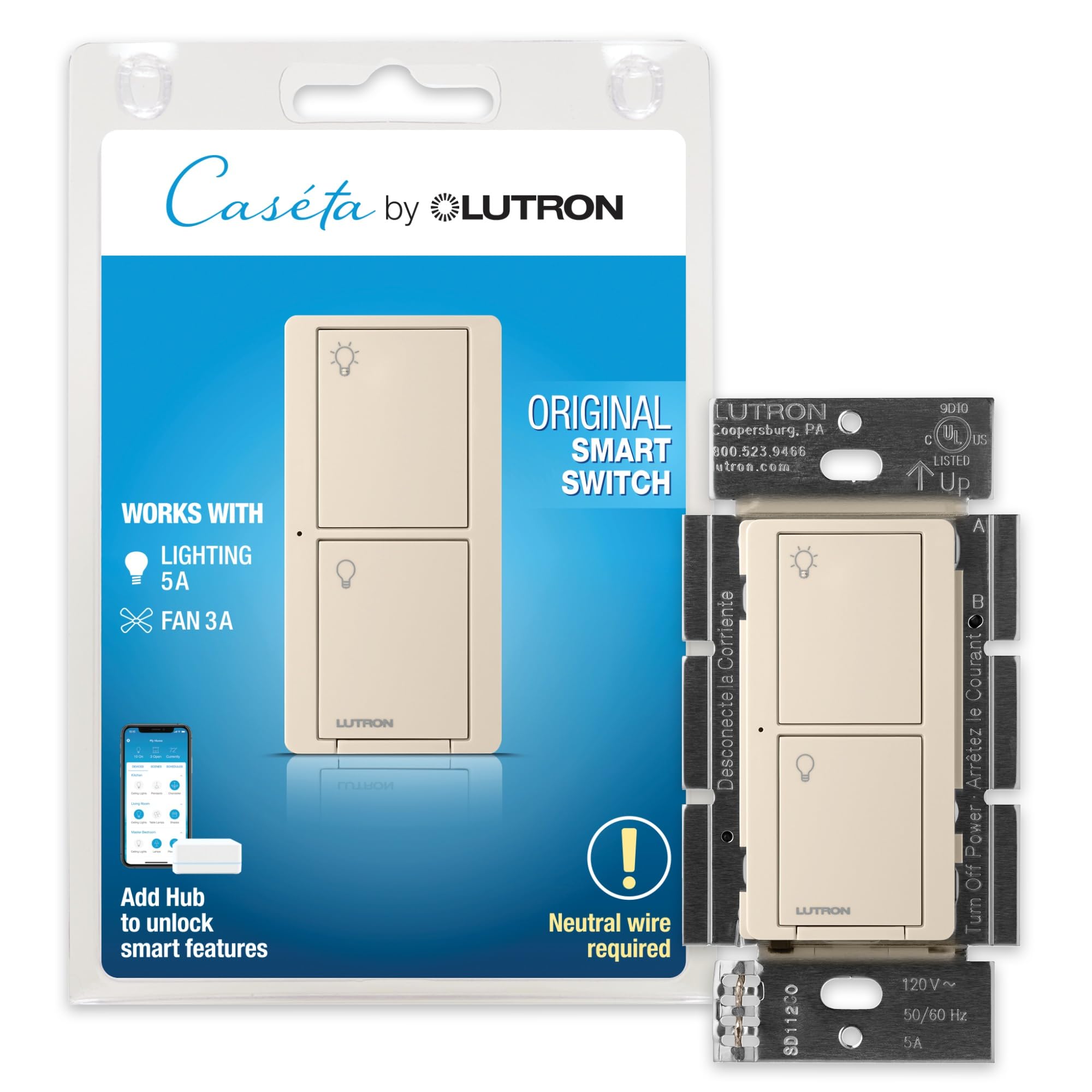 Lutron Caseta almond front view on-wall switch for seamless smart home control