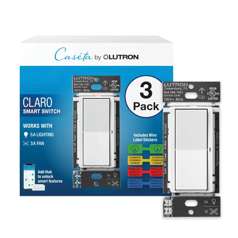 Lutron Claro smart switch 3-pack with neutral required for reliable LED and fan control.