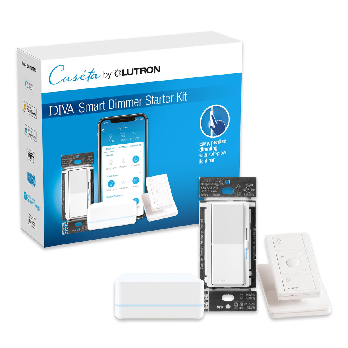 Lutron Diva dimmer switch on wall with smooth LED dimming for ambiance control.