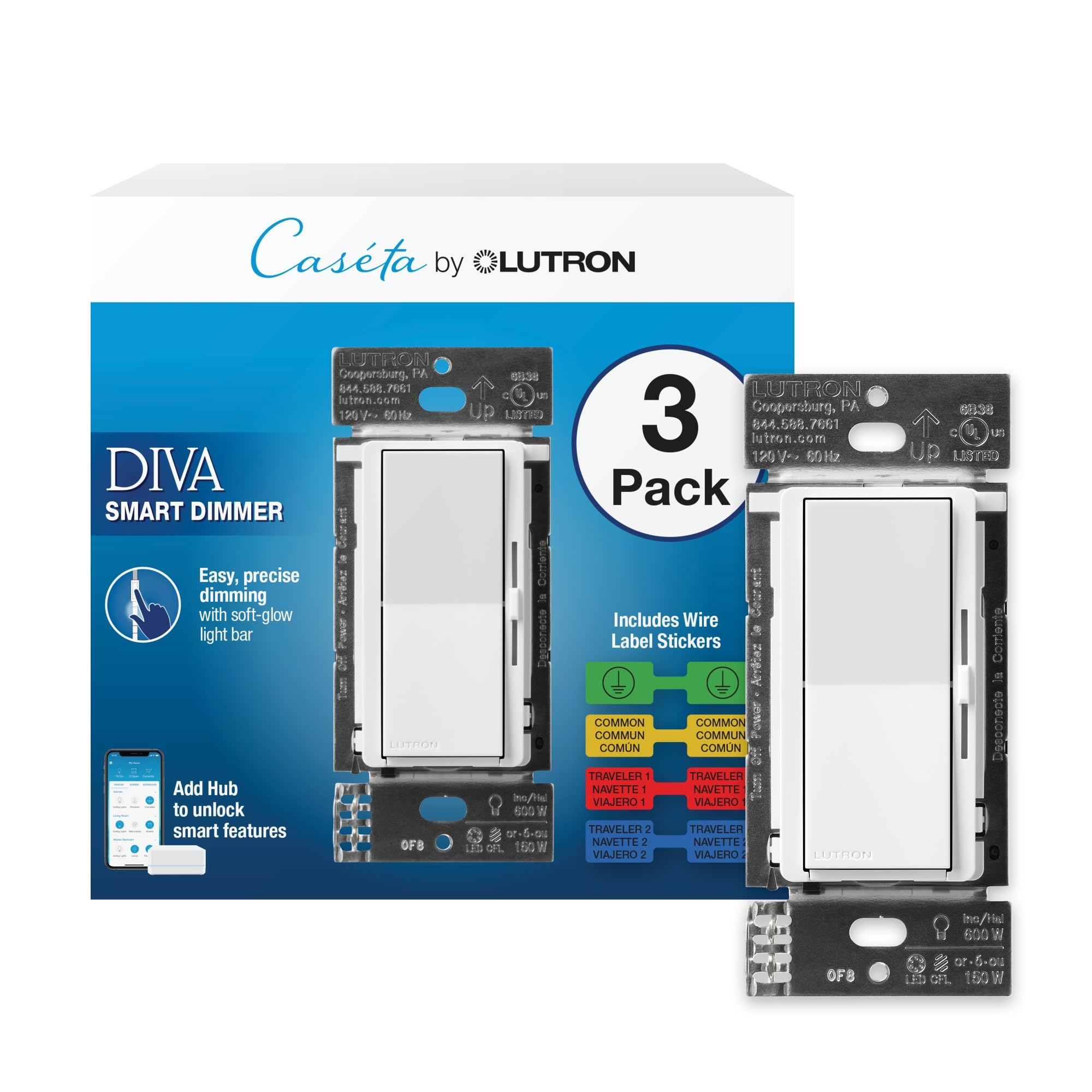 Lutron Diva dimmer switch with LED bar for precise control.
