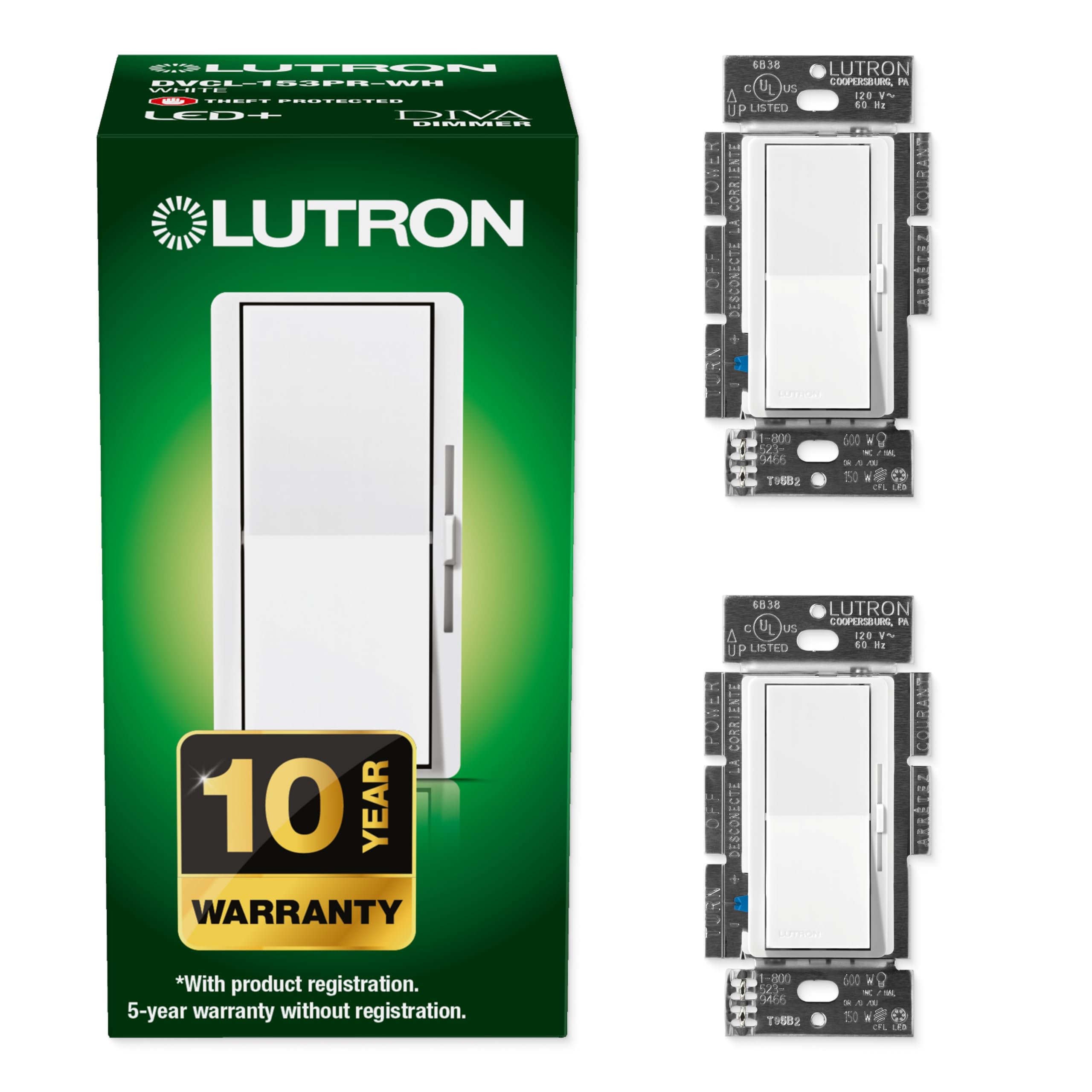 Lutron Diva LED+ dimmer switch front view shows smooth dimming control