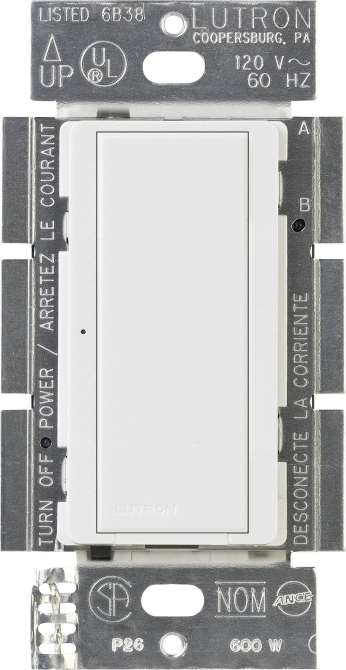 Lutron Maestro MA-S8AM-WH white digital switch, front view showing clean lines.