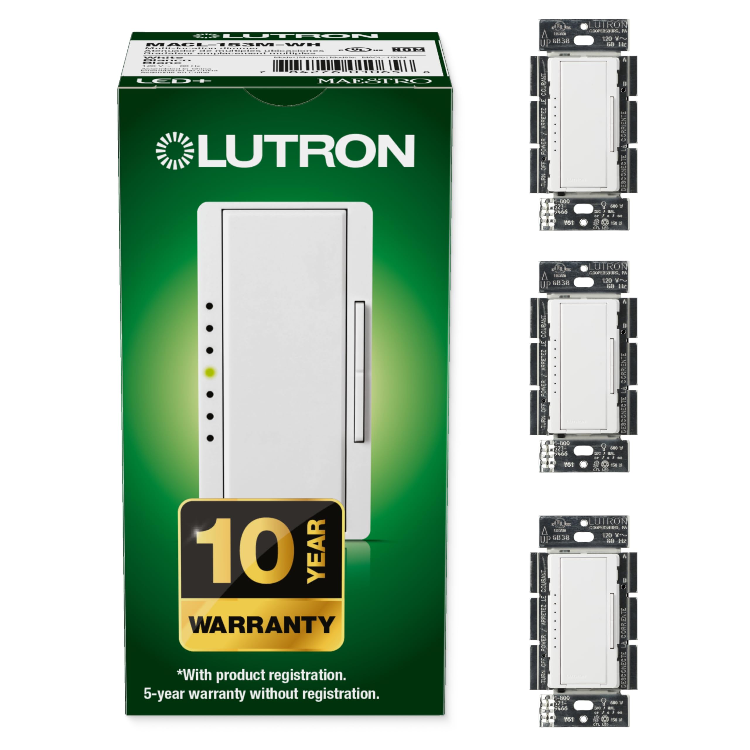 Lutron Maestro LED+ dimmer front view with smooth dimming and locator glow