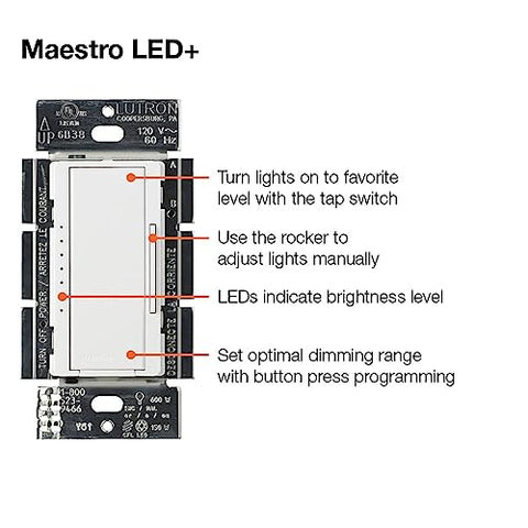 Lutron Maestro LED+ dimmer switch wall plate compatibility with coordinating finishes.