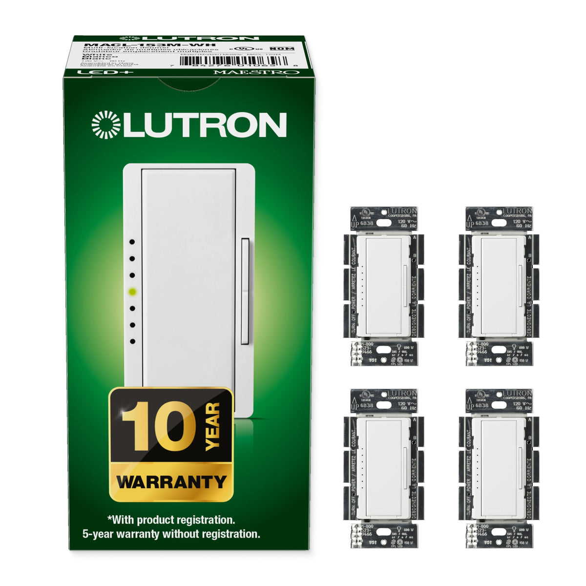 Lutron Maestro LED+ dimmer switch front view in white for precise LED dimming.