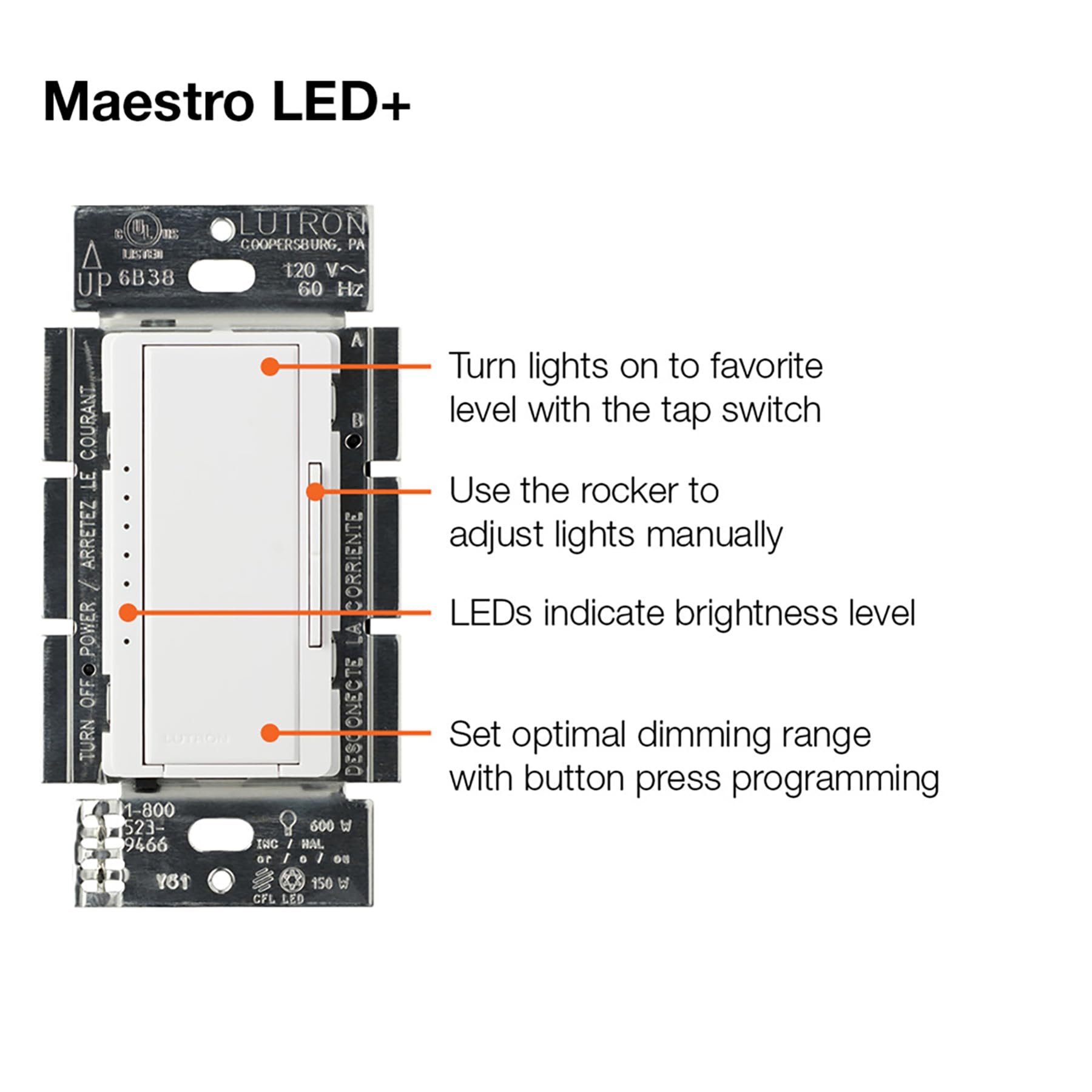 Lutron Maestro LED+ dimmer wall plate sold separately