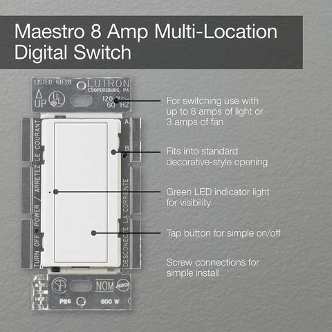 Lutron Maestro night-light off glow, gentle guidance in dim spaces.
