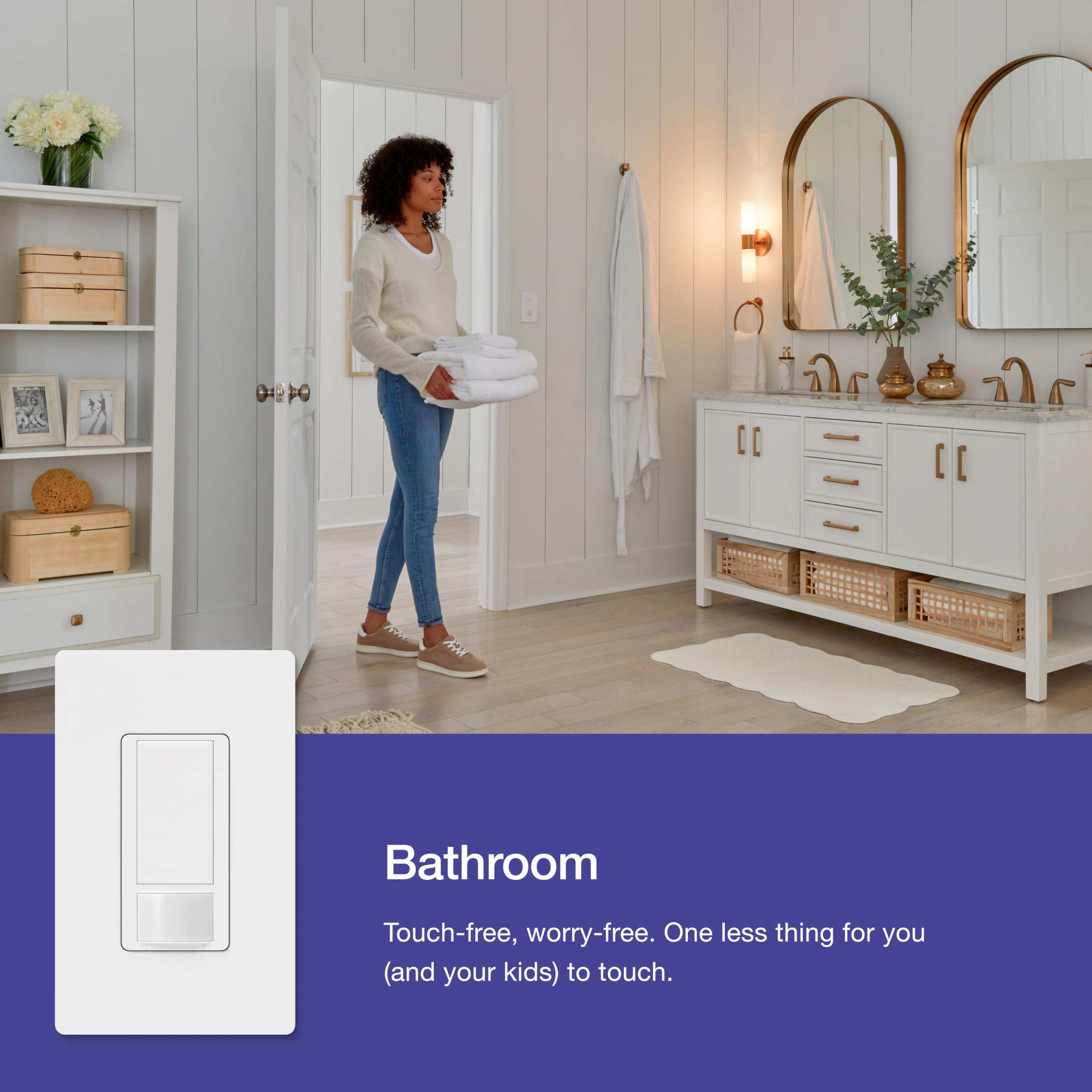 Side profile shows compact, space-saving wall-mount design for easy installs.