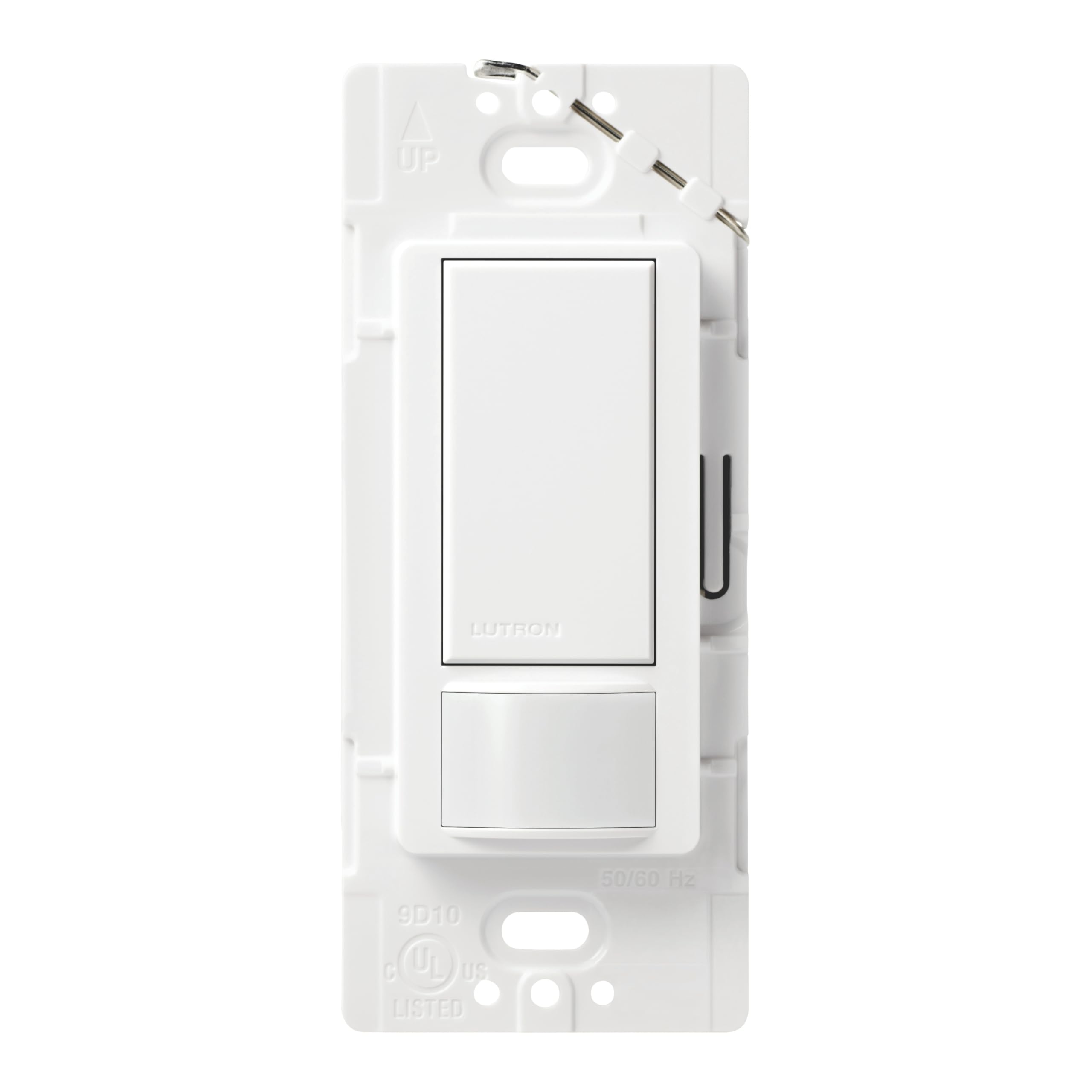 Lutron Maestro OPS5M-WH in-wall switch for clean bathroom lighting automation.