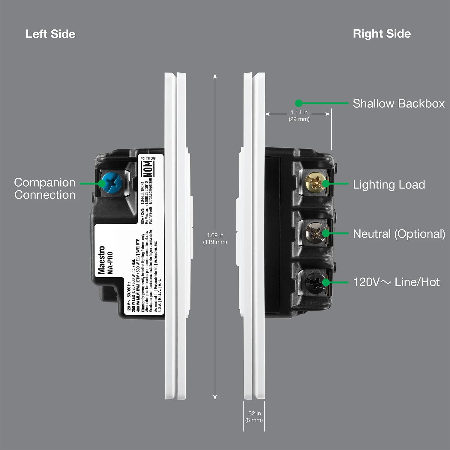Lutron Maestro PRO LED+ dimmer with neutral optional port for flexible wiring