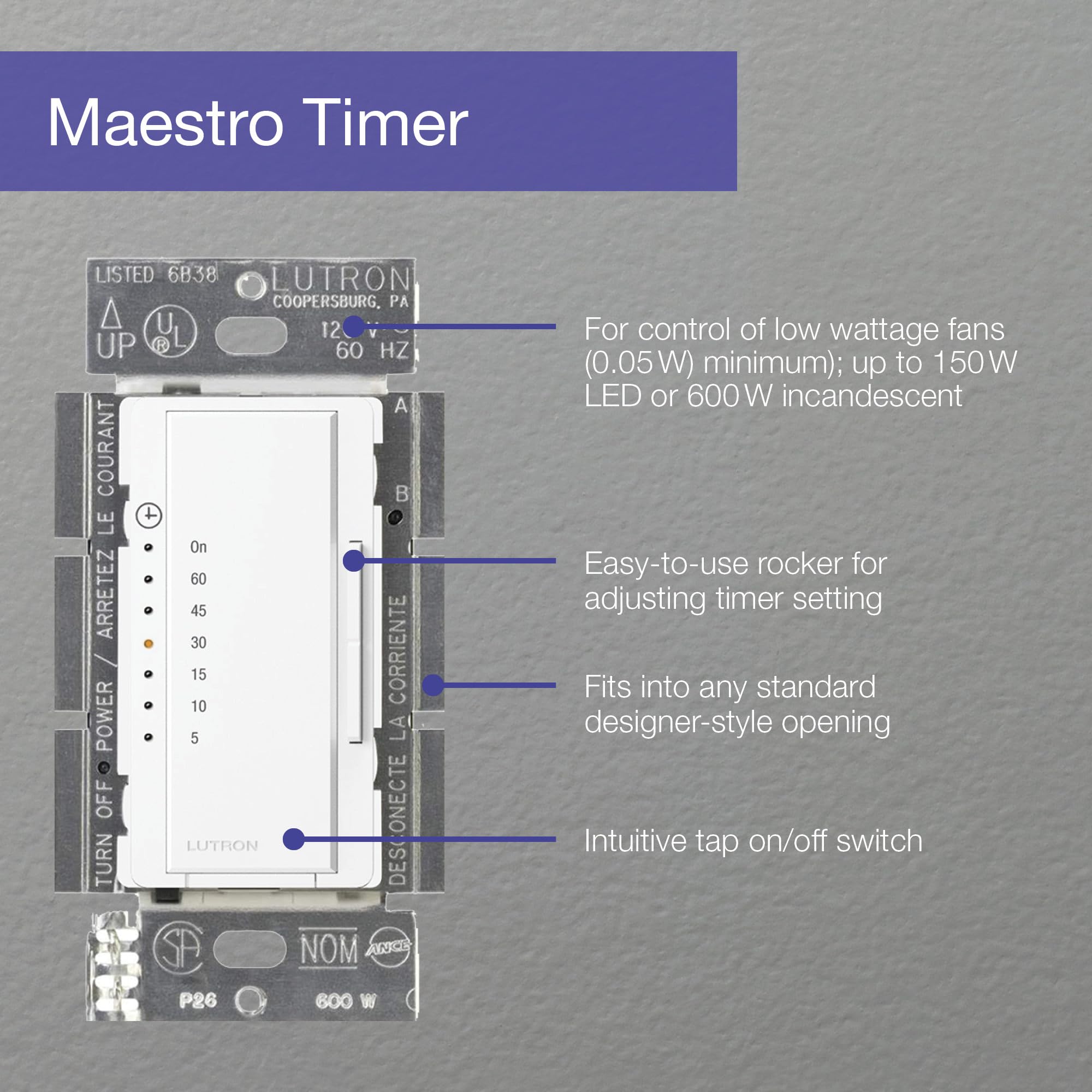 Lutron Maestro timer-adjustable 5-60-min offers customizable countdown for energy use.