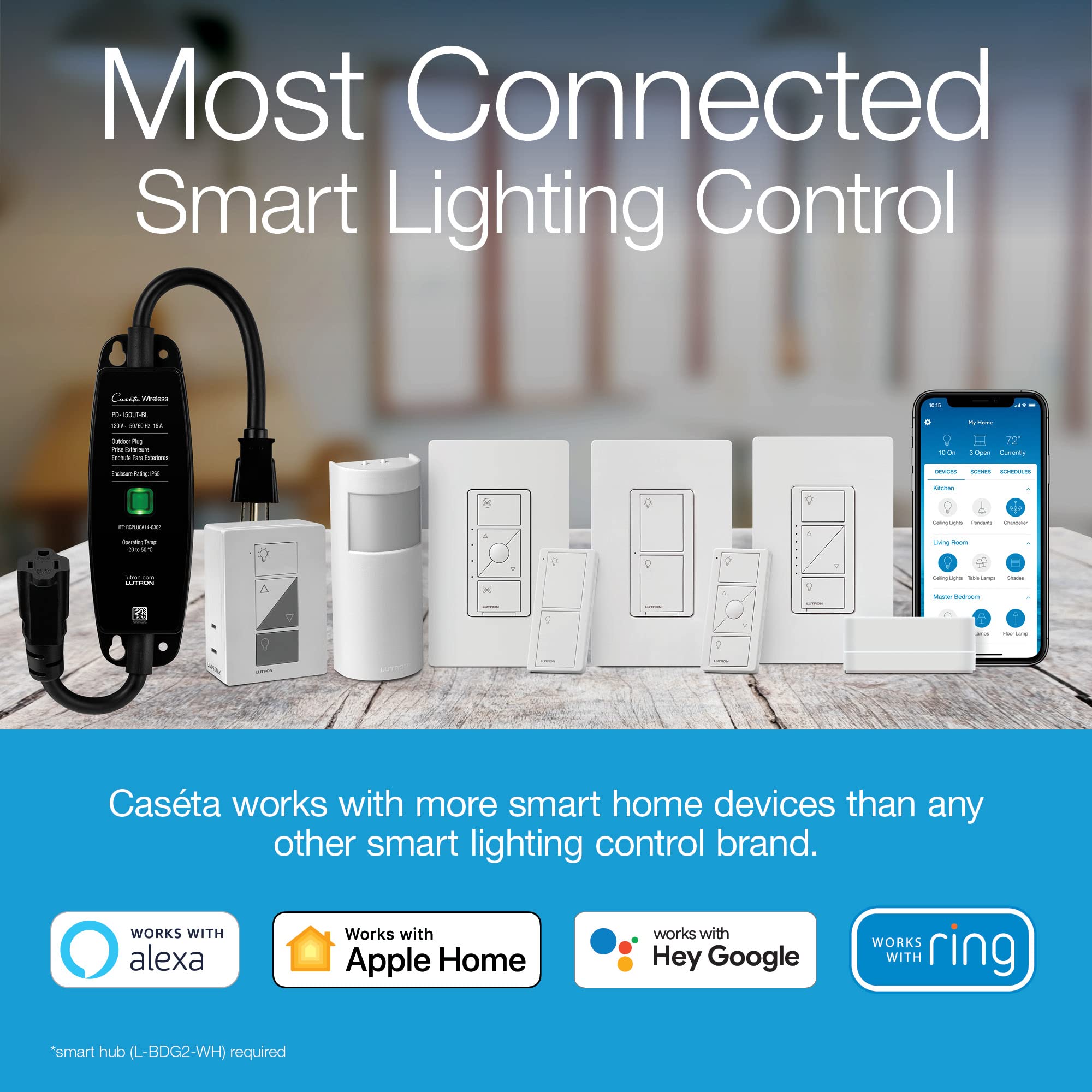 Pico remote control demonstrates wireless convenience from anywhere in the home.