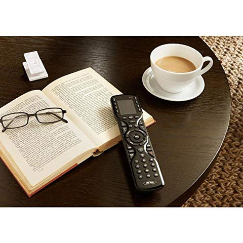 Lutron Pico remote on tabletop pedestal for easy light access.