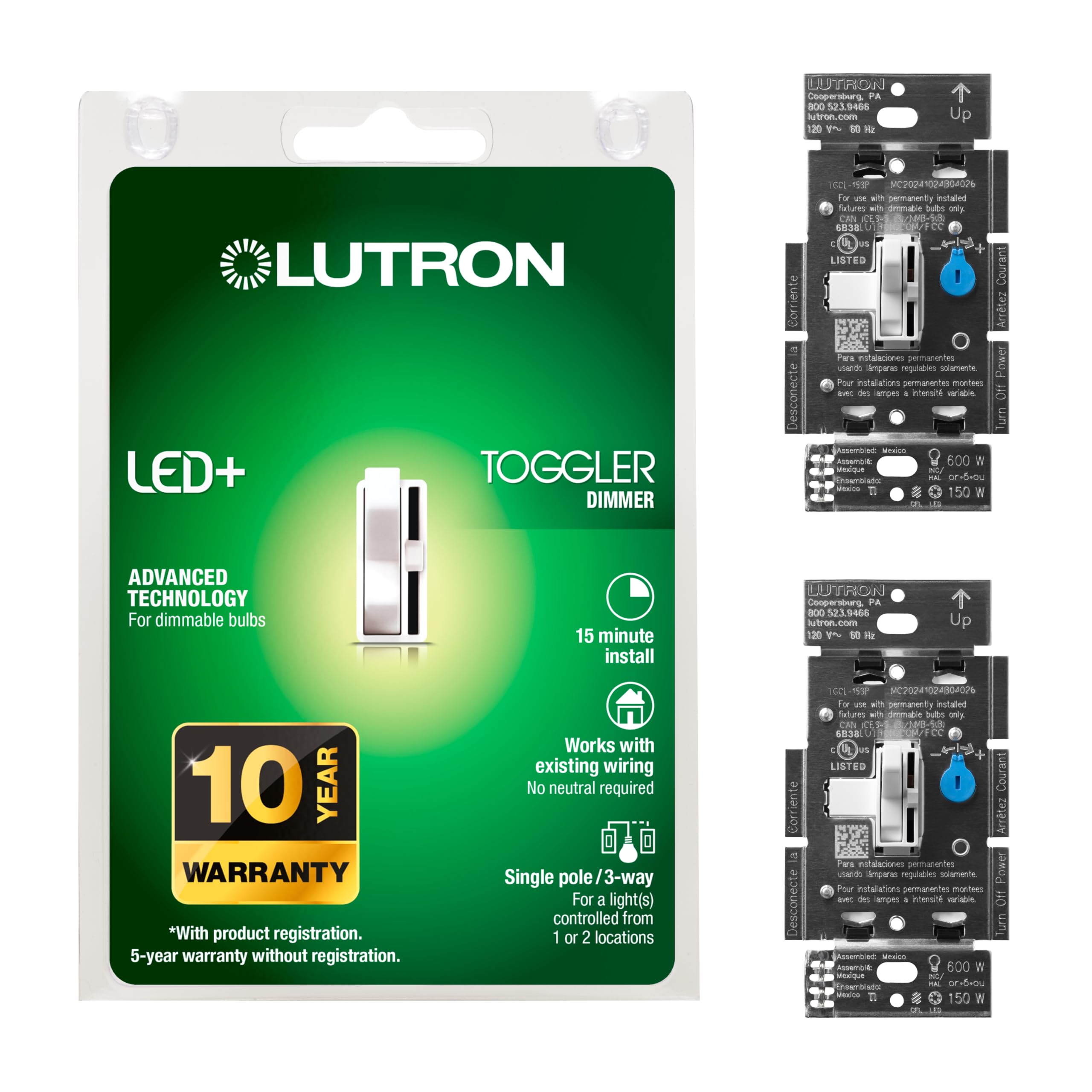 Lutron Toggler LED+ Dimmer front view in white for a clean installation