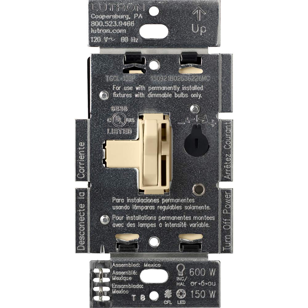 Lutron Toggler LED+ dimmer on ivory wall switch for easy preset lighting.
