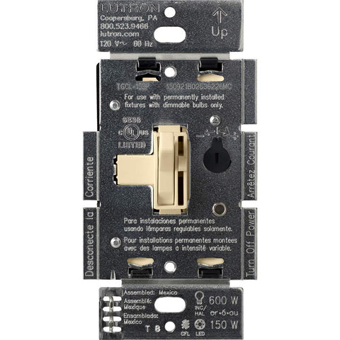 Lutron Toggler LED+ dimmer on ivory wall switch for easy preset lighting.