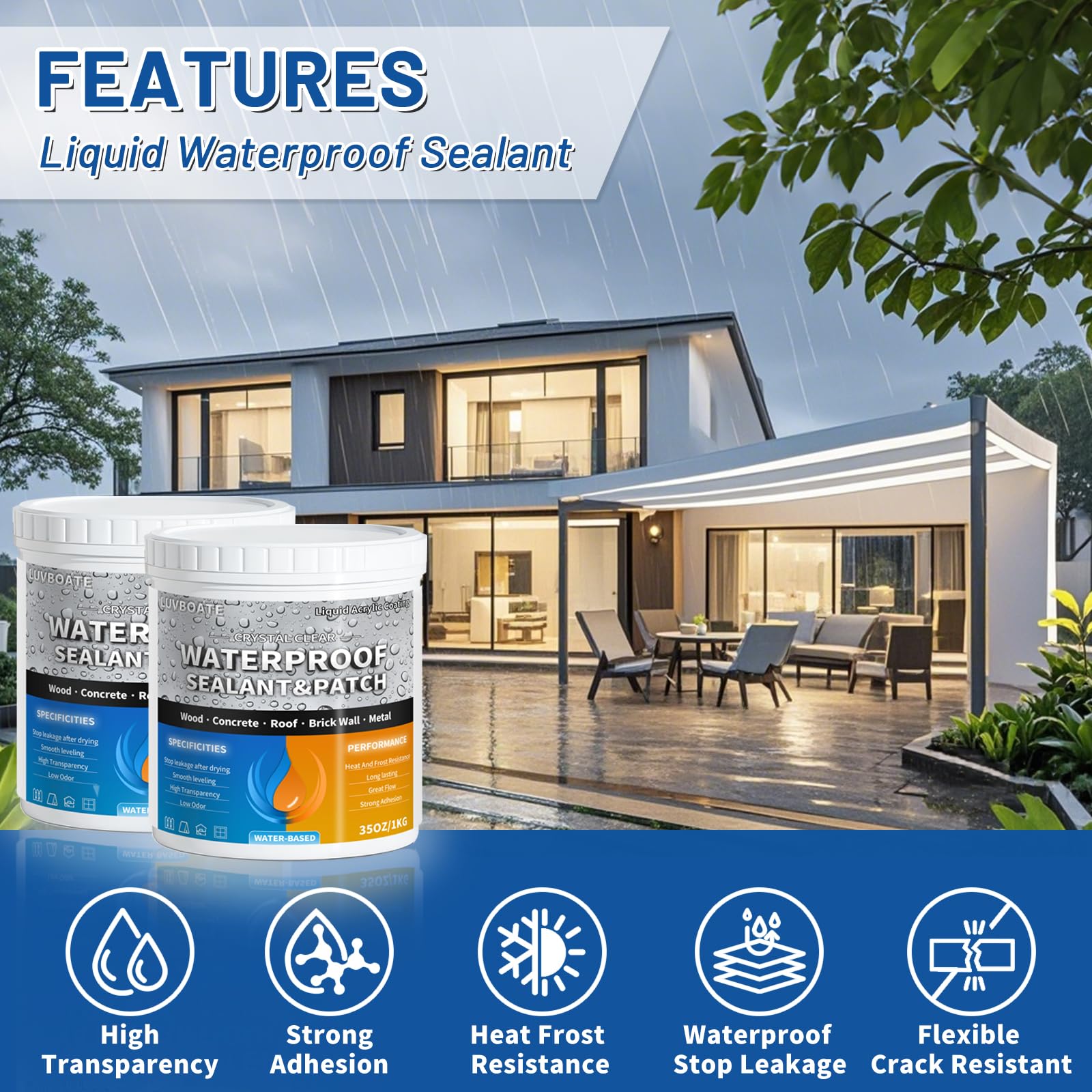 LUVBOATE sealant application with roller provides even coverage on walls and roofs.