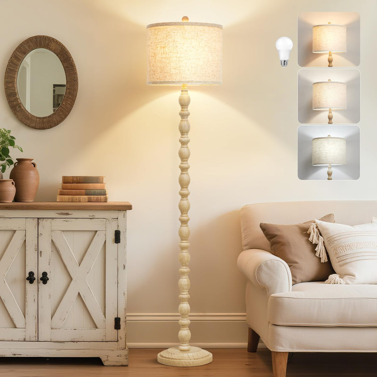 Luvkczc 62-inch floor lamp cream front view highlights farmhouse style and adjustable lighting