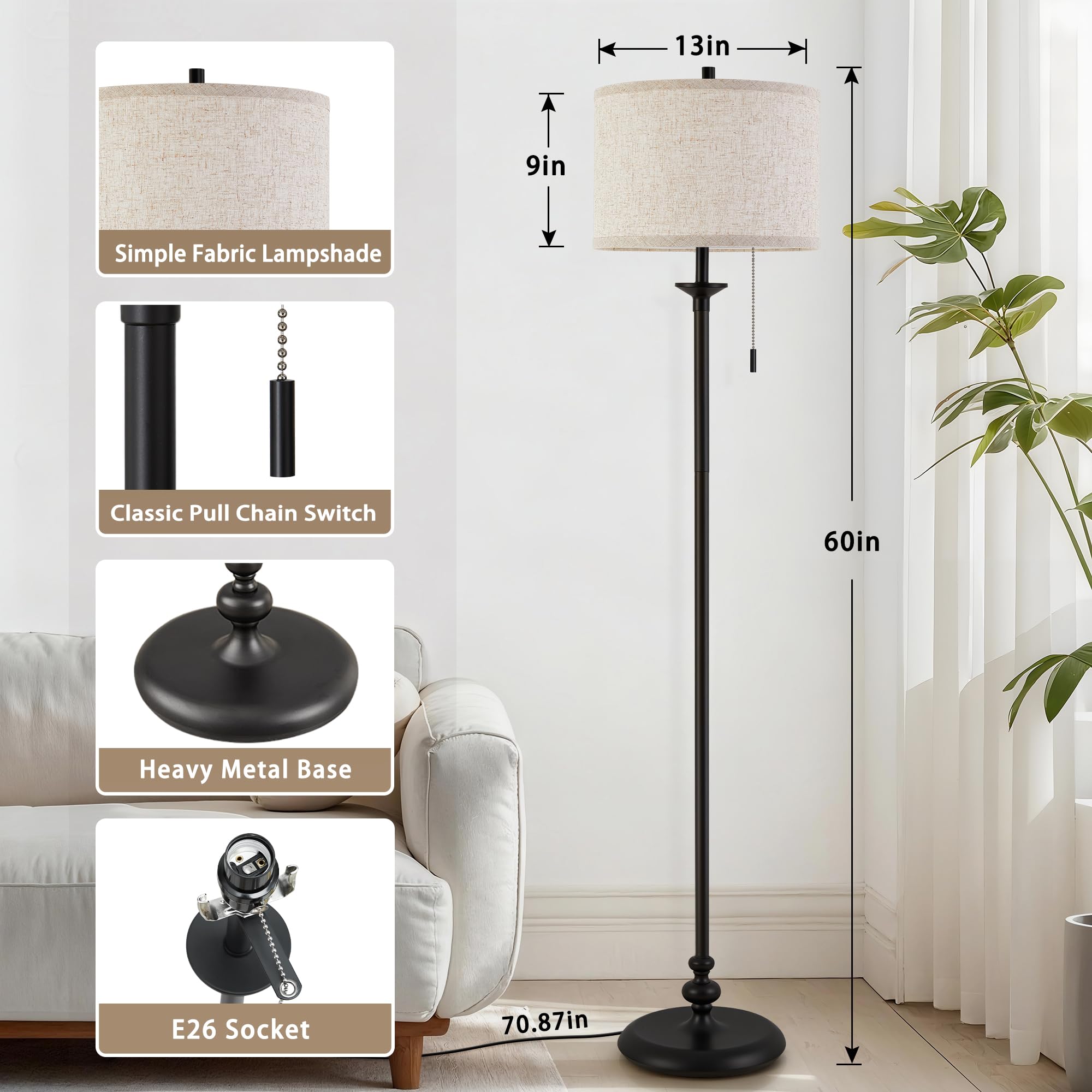 Luvkczc black floor lamp fabric shade providing soft, eye-friendly illumination.