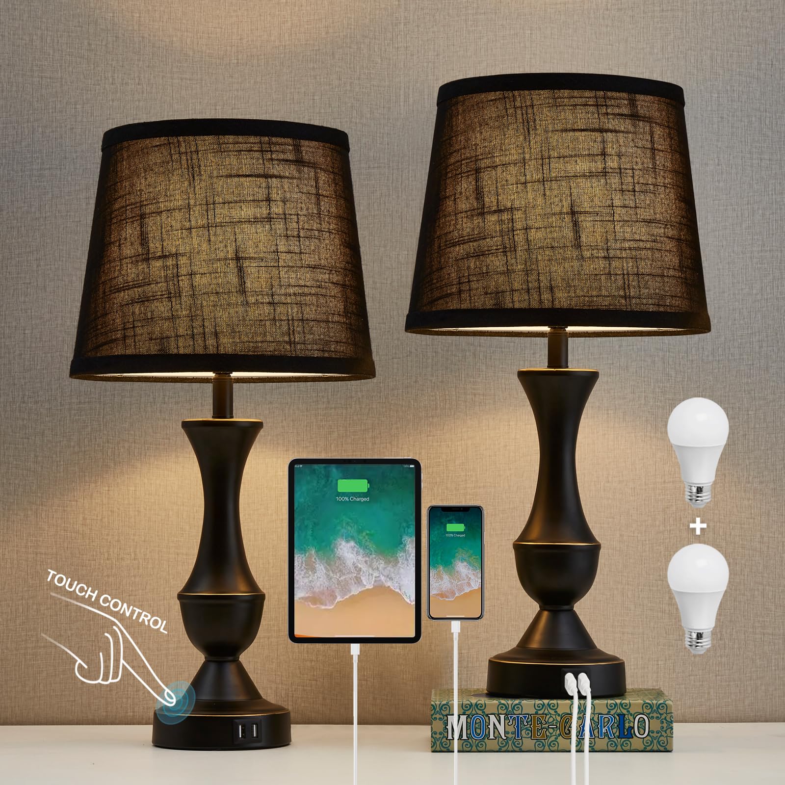Luvkczc black touch table lamps on a nightstand provide soft ambient light.