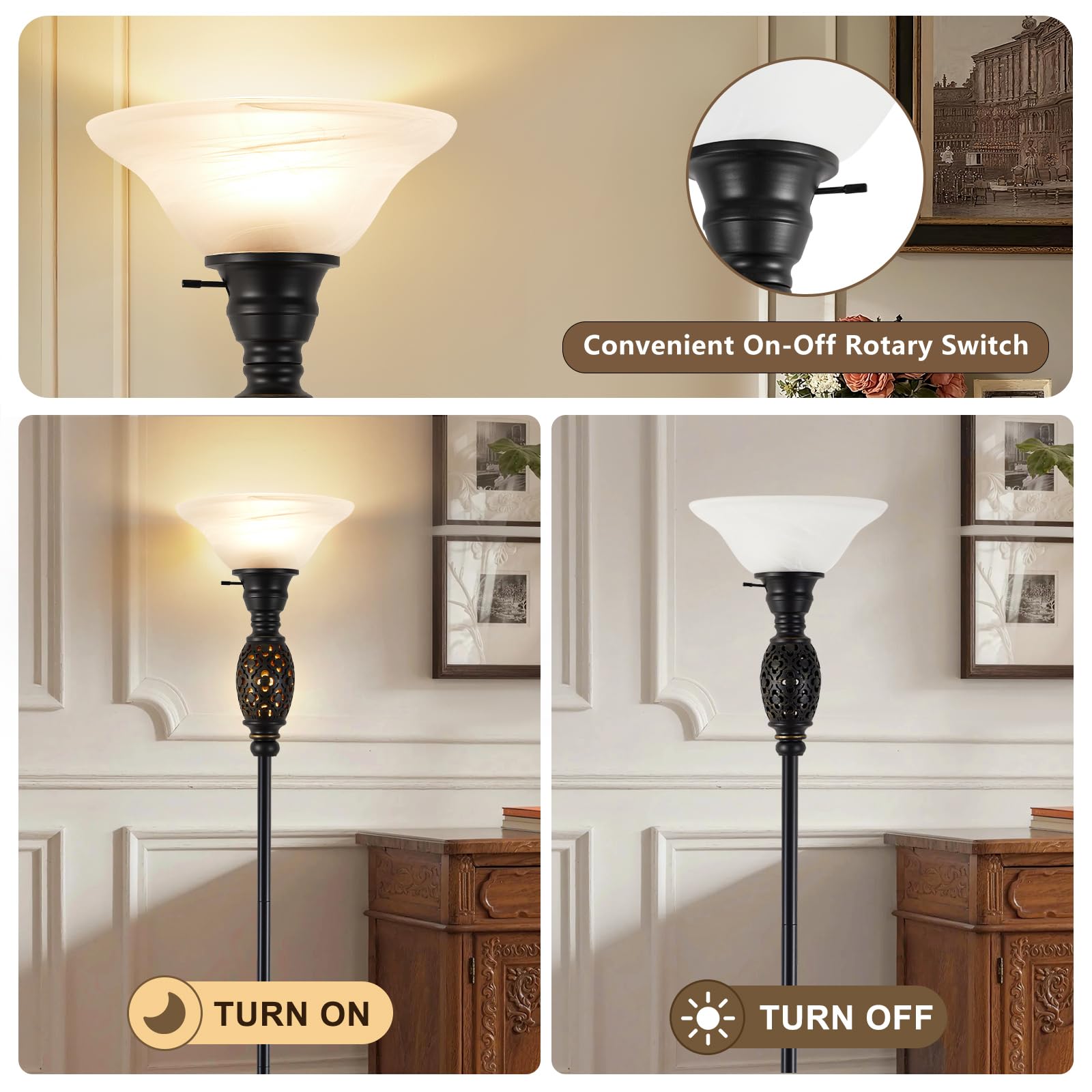 Luvkczc Floor Lamp frosted glass shade diffuses light softly.